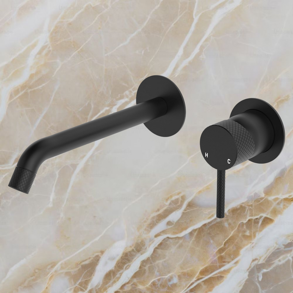 Fienza Axle Wall Basin Mixer Set Round Plates 200mm Outlet Matte Black
