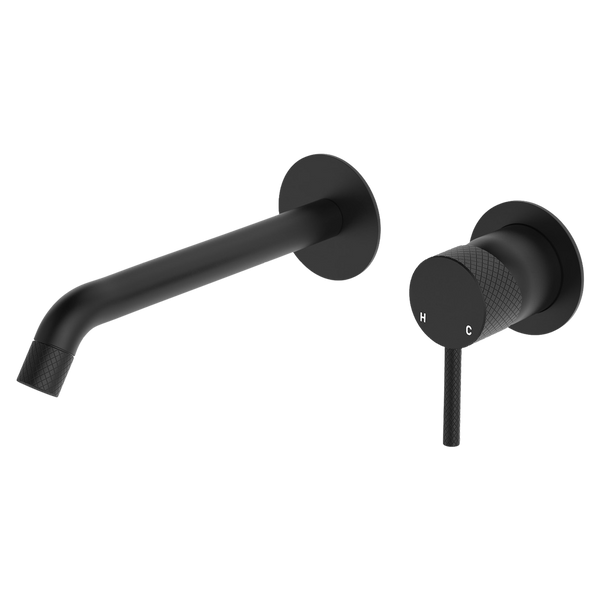 Fienza Axle Wall Basin Mixer Set Round Plates 200mm Outlet Matte Black