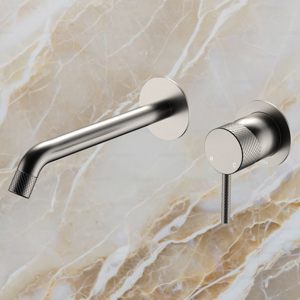 Fienza Axle Wall Basin Mixer Set Round Plates 200mm Outlet Brushed Nickel