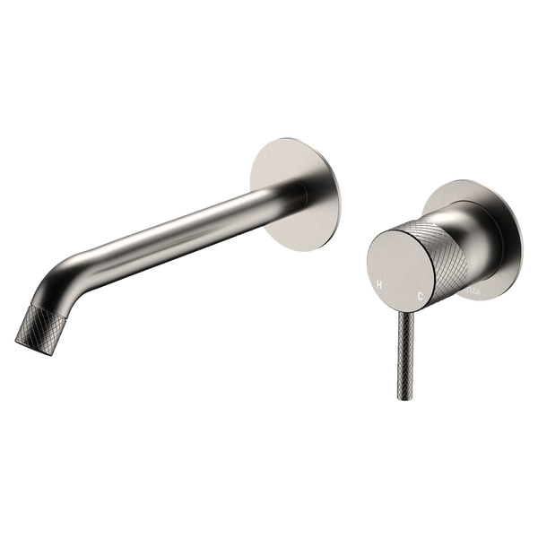 Fienza Axle Wall Basin Mixer Set Round Plates 200mm Outlet Brushed Nickel