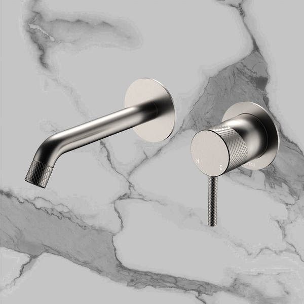 Fienza Axle Wall Basin Mixer Set Round Plates 160mm Outlet Brushed Nickel