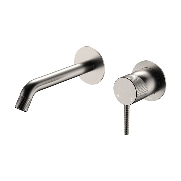 Fienza Axle Wall Basin Mixer Set Round Plates 160mm Outlet Brushed Nickel