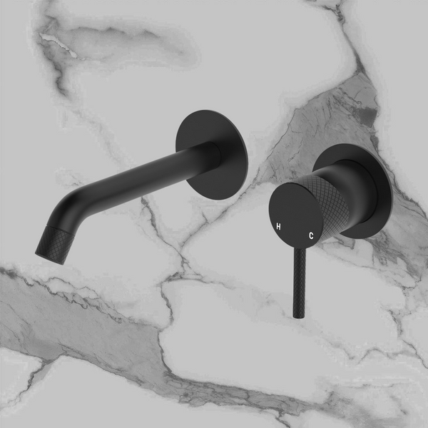 Fienza Axle Wall Basin Mixer Set Round Plates 160mm Outlet Matte Black