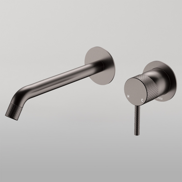 Fienza Axle Wall Basin Mixer Set Round Plates 200mm Outlet Gun Metal