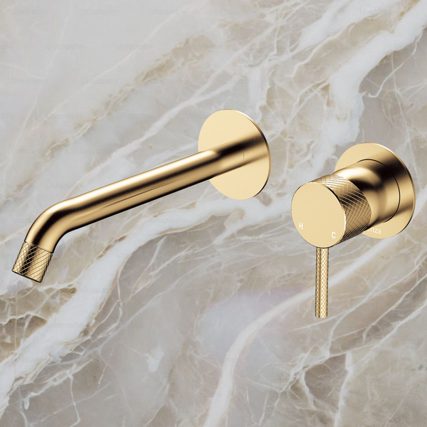 Fienza Axle Wall Basin Mixer Set Round Plates 200mm Outlet Urban Brass