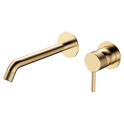 Fienza Axle Wall Basin Mixer Set Round Plates 200mm Outlet Urban Brass