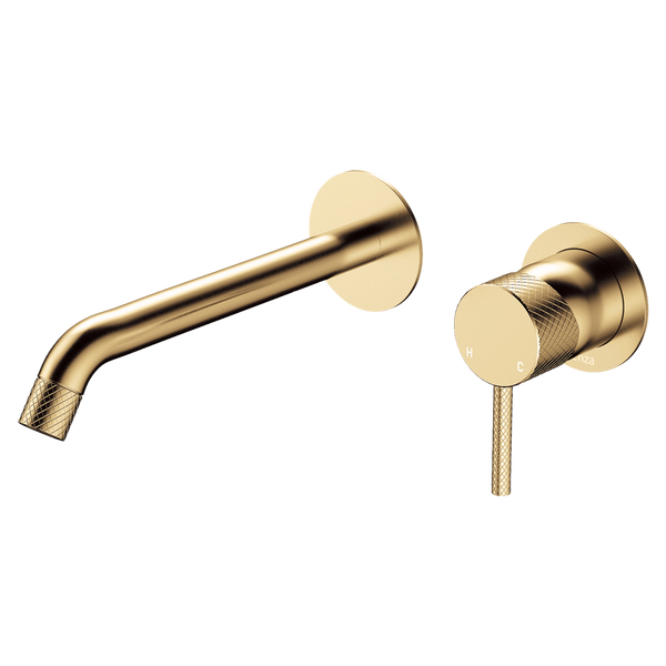 Fienza Axle Wall Basin Mixer Set Round Plates 200mm Outlet Urban Brass