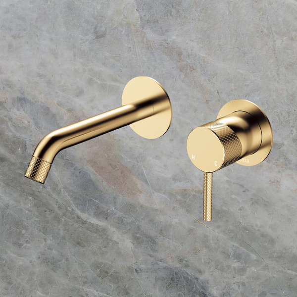 Fienza Axle Wall Basin Mixer Set Round Plates 160mm Outlet Urban Brass