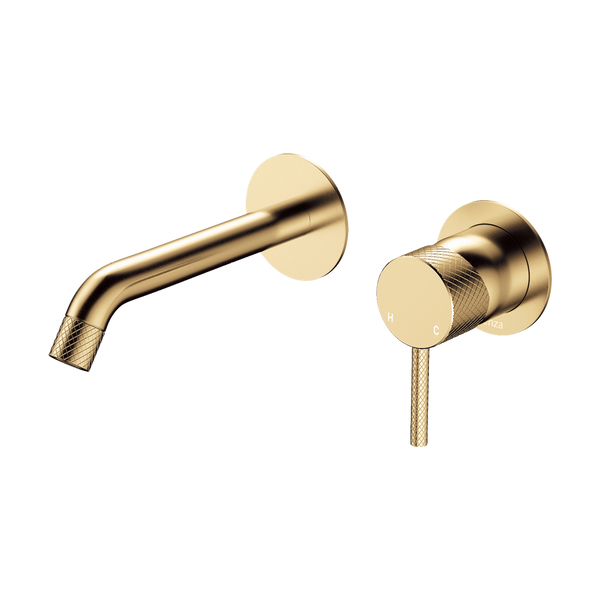 Fienza Axle Wall Basin Mixer Set Round Plates 160mm Outlet Urban Brass
