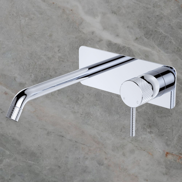 Fienza Axle Wall Basin Mixer Set Rectangular Plate 200mm Outlet Chrome