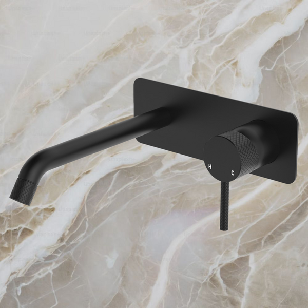 Fienza Axle Wall Basin Mixer Set Rectangular Plate 200mm Outlet Matte Black