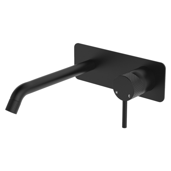 Fienza Axle Wall Basin Mixer Set Rectangular Plate 200mm Outlet Matte Black