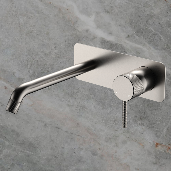 Fienza Axle Wall Basin Mixer Set Rectangular Plate 200mm Outlet Brushed Nickel