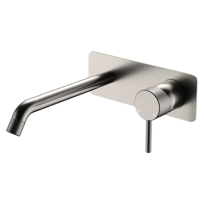 Fienza Axle Wall Basin Mixer Set Rectangular Plate 200mm Outlet Brushed Nickel