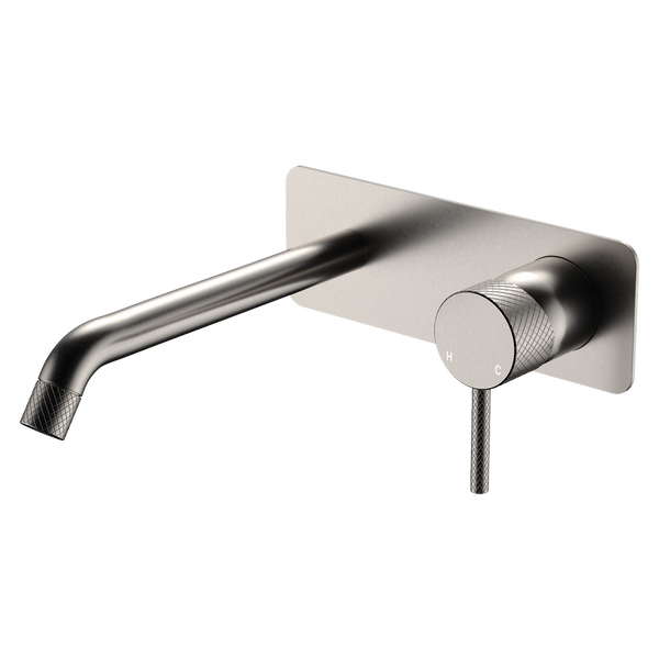 Fienza Axle Wall Basin Mixer Set Rectangular Plate 200mm Outlet Brushed Nickel