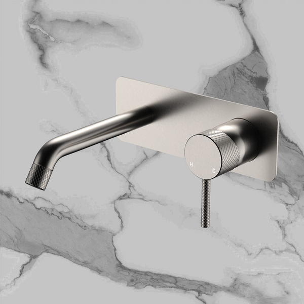 Fienza Axle Wall Basin Mixer Set Rectangular Plate 160mm Outlet Brushed Nickel