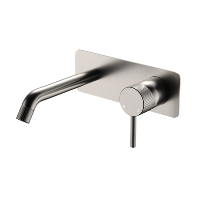 Fienza Axle Wall Basin Mixer Set Rectangular Plate 160mm Outlet Brushed Nickel