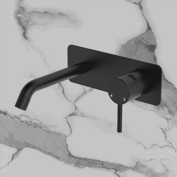 Fienza Axle Wall Basin Mixer Set Rectangular Plate 160mm Outlet Matte Black