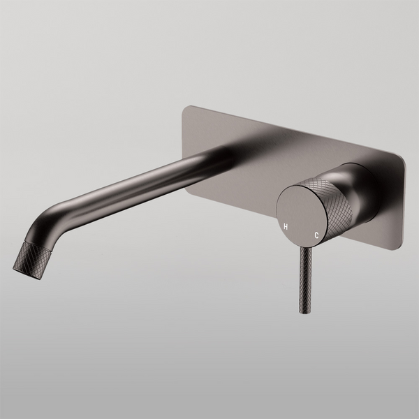 Fienza Axle Wall Basin Mixer Set Rectangular Plate 200mm Outlet Gun Metal