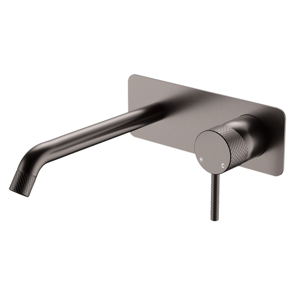Fienza Axle Wall Basin Mixer Set Rectangular Plate 200mm Outlet Gun Metal