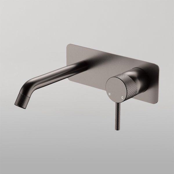 Fienza Axle Wall Basin Mixer Set Rectangular Plate 160mm Outlet Gun Metal