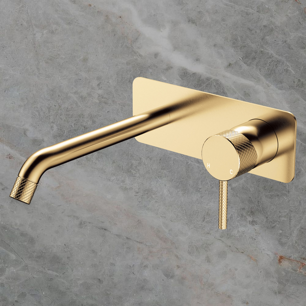 Fienza Axle Wall Basin Mixer Set Rectangular Plate 200mm Outlet Urban Brass