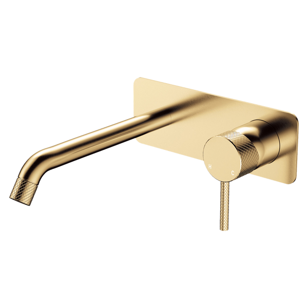 Fienza Axle Wall Basin Mixer Set Rectangular Plate 200mm Outlet Urban Brass