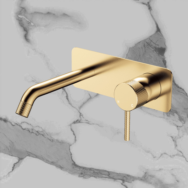 Fienza Axle Wall Basin Mixer Set Rectangular Plate 160mm Outlet Urban Brass
