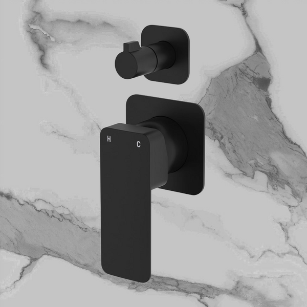 Fienza Tono Wall Diverter Mixer Square Plates Matte Black