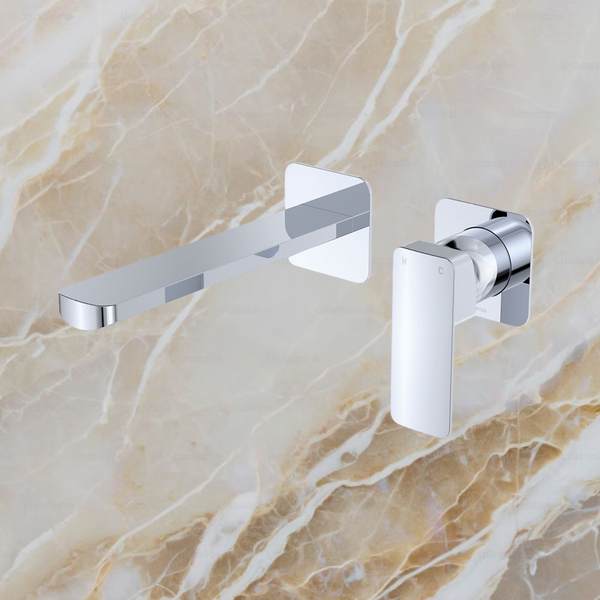 Fienza Tono Basin Wall Mixer Set Square Plates 200mm Outlet Chrome