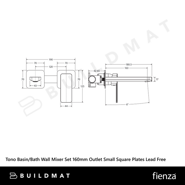 Fienza Tono Basin/Bath Wall Mixer Set 160mm Outlet Small Square Plates Chrome Lead Free