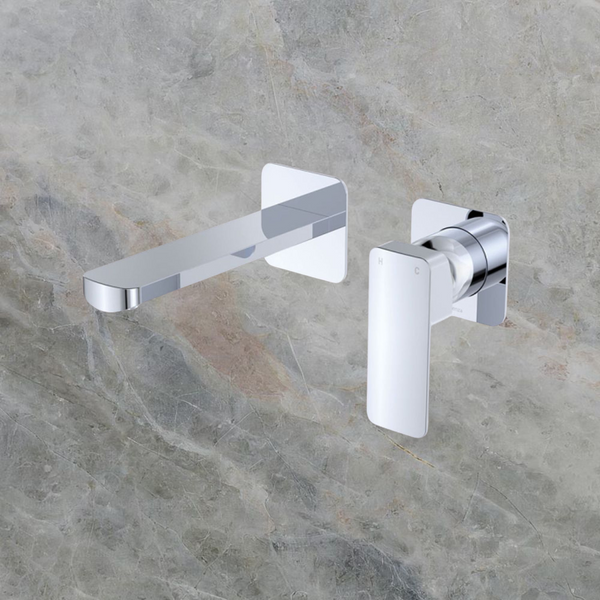 Fienza Tono Basin/Bath Wall Mixer Set 160mm Outlet Small Square Plates Chrome Lead Free