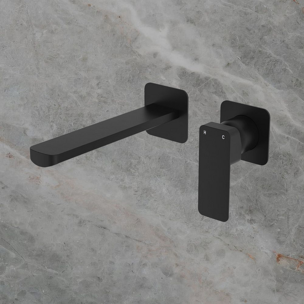 Fienza Tono Basin Wall Mixer Set Square Plates 200mm Outlet Matte Black