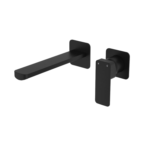 Fienza Tono Basin Wall Mixer Set Square Plates 200mm Outlet Matte Black