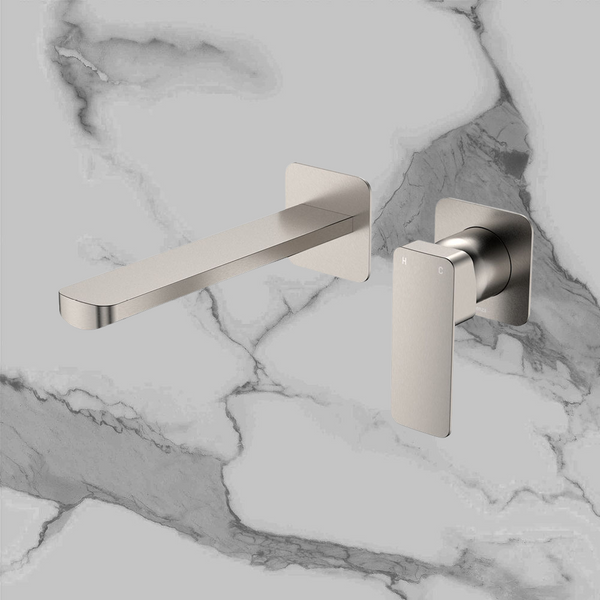 Fienza Tono Basin Wall Mixer Set Square Plates 200mm Outlet Brushed Nickel