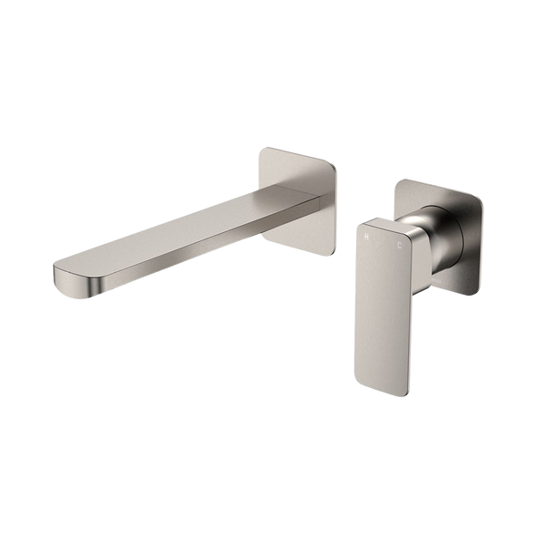 Fienza Tono Basin Wall Mixer Set Square Plates 200mm Outlet Brushed Nickel