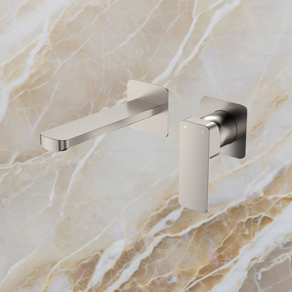 Fienza Tono Basin Wall Mixer Set Square Plates 160mm Outlet Brushed Nickel