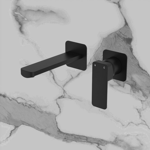 Fienza Tono Basin Wall Mixer Set Square Plates 160mm Outlet Matte Black