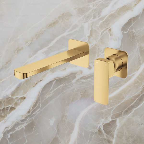 Fienza Tono Basin Wall Mixer Set Square Plates 200mm Outlet Urban Brass