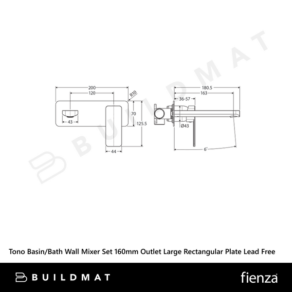 Fienza Tono Basin/Bath Wall Mixer Set 160mm Outlet Large Rectangular Plate Chrome Lead Free