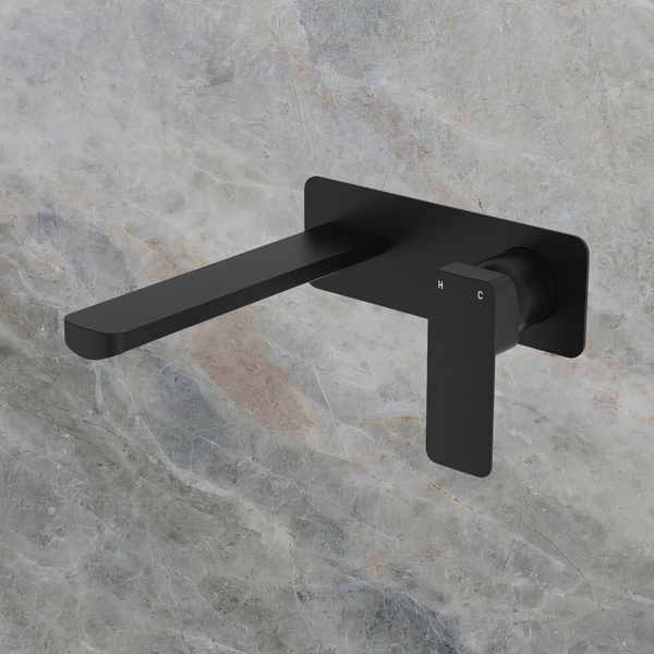 Fienza Tono Basin Wall Mixer Set Rectangular Plate 200mm Outlet Matte Black