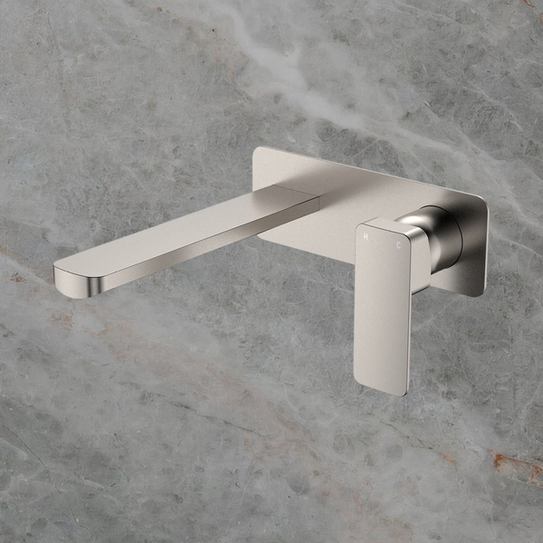 Fienza Tono Basin Wall Mixer Set Rectangular Plate 200mm Outlet Brushed Nickel