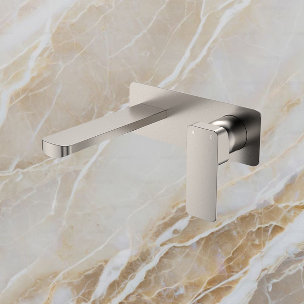 Fienza Tono Basin Wall Mixer Set Rectangular Plate 160mm Outlet Brushed Nickel