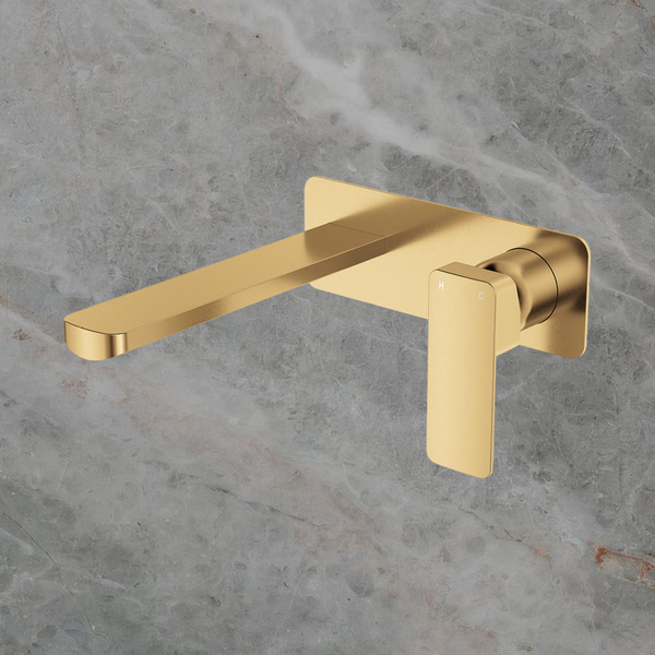 Fienza Tono Basin Wall Mixer Set Rectangular Plate 200mm Outlet Urban Brass