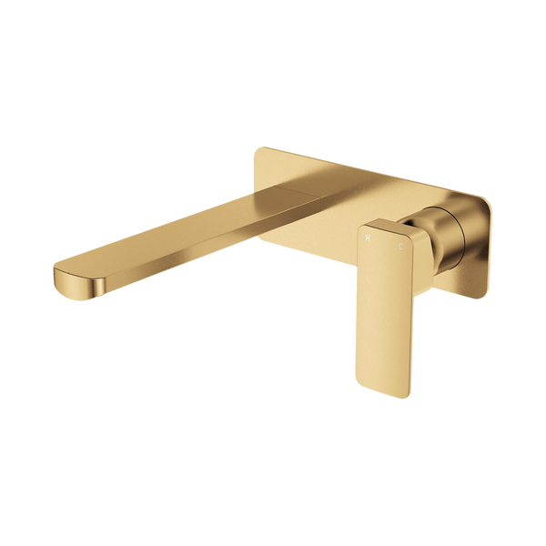 Fienza Tono Basin Wall Mixer Set Rectangular Plate 200mm Outlet Urban Brass