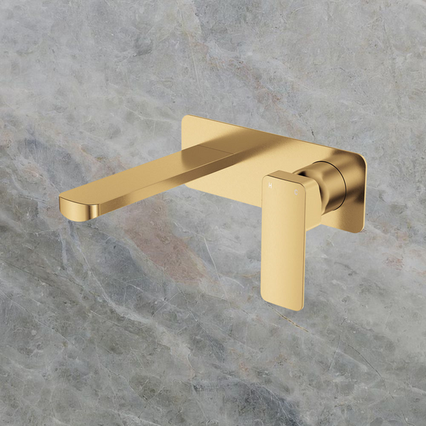 Fienza Tono Basin Wall Mixer Set Rectangular Plate 160mm Outlet Urban Brass
