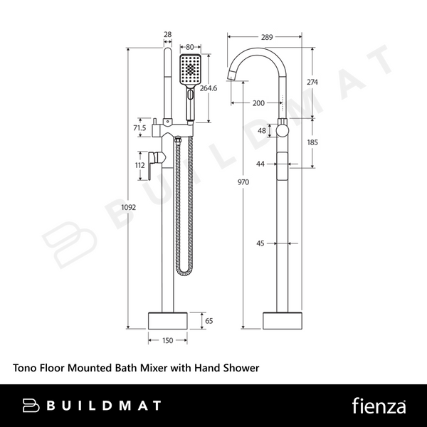 Fienza Tono Floor Mounted Bath Mixer with Hand Shower Chrome