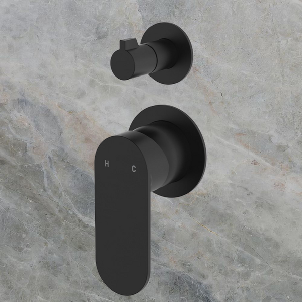 Fienza Empire Slim Wall Diverter Mixer Small Round Plates Vertical Matte Black Lead Free