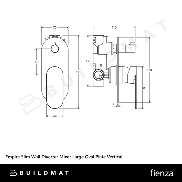 Fienza Empire Slim Wall Diverter Mixer Large Oval Plate Vertical Matte Black