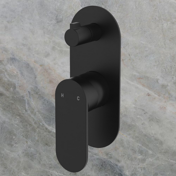 Fienza Empire Slim Wall Diverter Mixer Large Oval Plate Vertical Matte Black